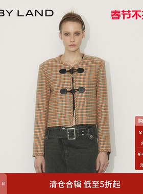 IF BY LAND 设计师品牌 橙色复古千鸟格牛角扣圆领短外套上衣女