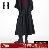 春新款 SEASON HIGH女装 A字半身裙压褶侧拉链纯色中长裙S26137001