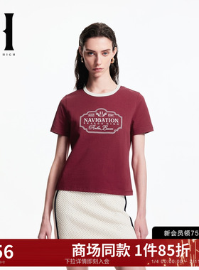 SEASON HIGH夏季灰色正肩短袖潮流舒适时尚出街精致刺绣圆领T恤女