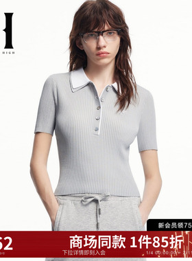 SEASON HIGH夏季百搭灰色polo领上衣miu系正肩短袖针织毛衣女装