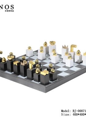现代简约树脂金属棋盘样板房书房装饰品水晶O大理石国际象棋工艺