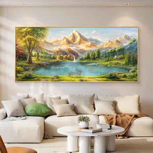 聚宝盆客厅沙发背景墙装 饰画手绘油画西墙聚财P山水挂画轻奢高级