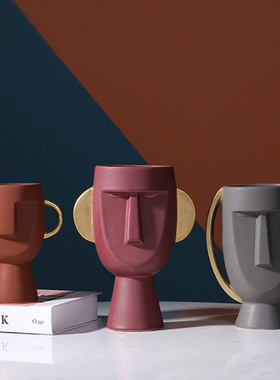 陶瓷人脸头像双耳花瓶创意客x厅插花样板房软装饰品工艺品家居摆