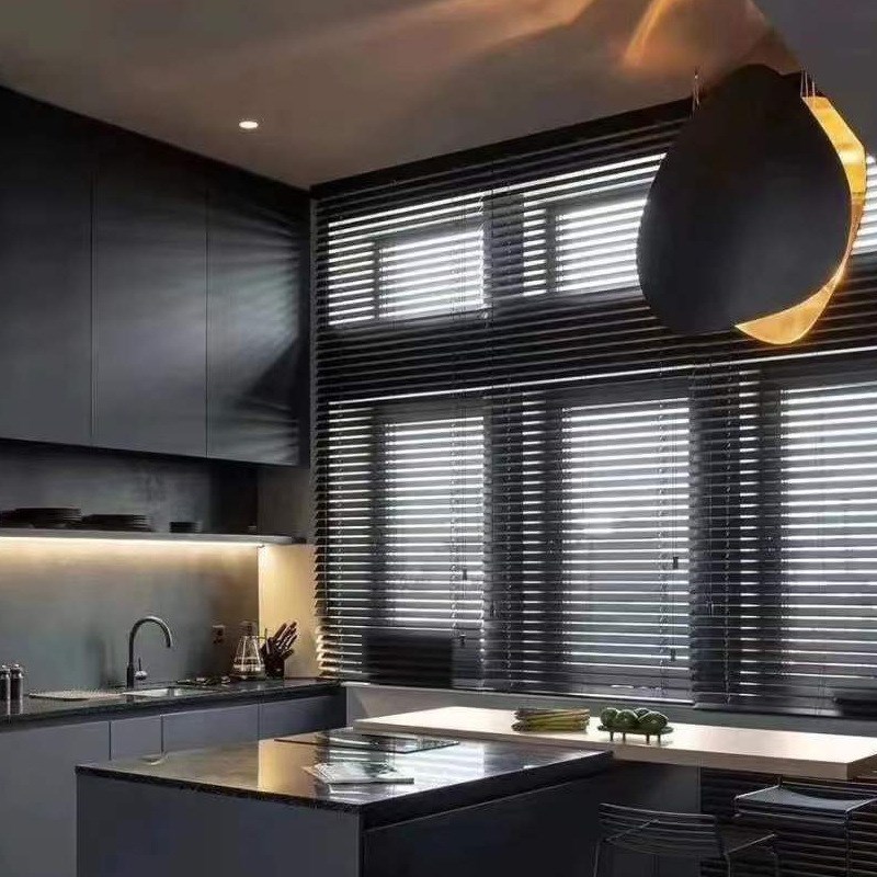 厂型加密黑色铝百叶窗帘家用防水遮光升降卫生间Y浴室提拉帘