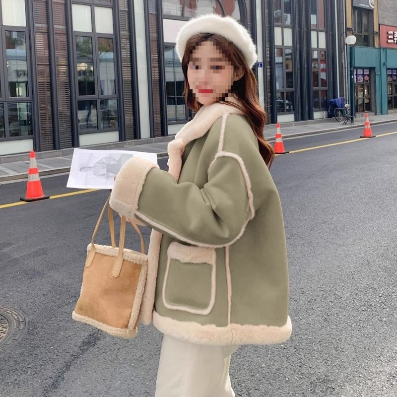 皮毛一体羊羔毛外套女新款冬季麂皮绒机车服加厚羊羔绒棉服