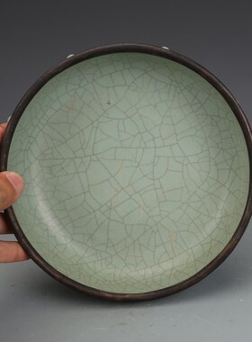 宋汝窑青釉镶银口花盆古董古A玩瓷器收藏品老货老物件手工摆件