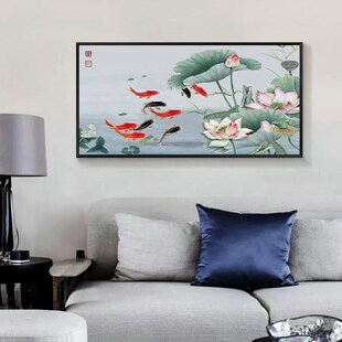 电表箱装a饰画新中式九鱼图荷花挂画长方形强电箱遮挡电闸盒电控