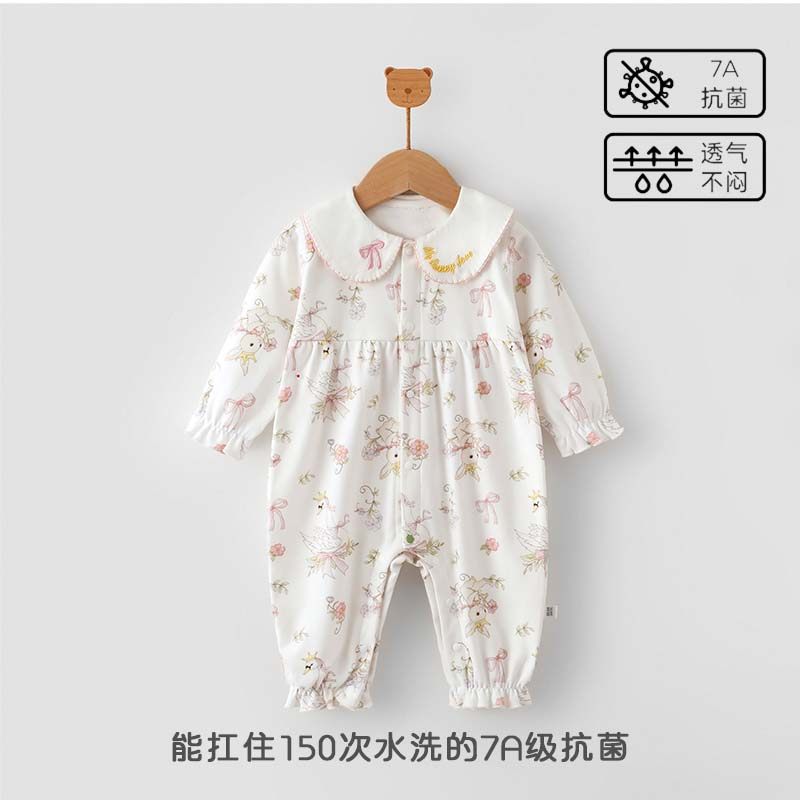 女宝宝秋季纯棉长袖连体衣7A抗菌哈衣A类无骨爬服时尚洋气外出服