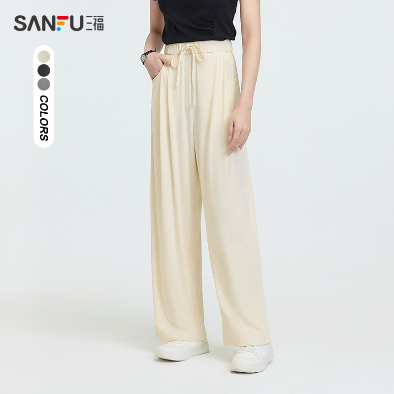 三福高腰休闲裤2025新款秋季宽松慵懒松弛感坑条阔腿直筒裤子女装,女装/女士精品,休闲裤,淘宝优惠券,粉丝福利购,淘宝优惠卷