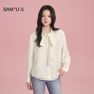 三福长衬衫2026春季波点绑带领口纽扣门襟宽松上衣女装517568