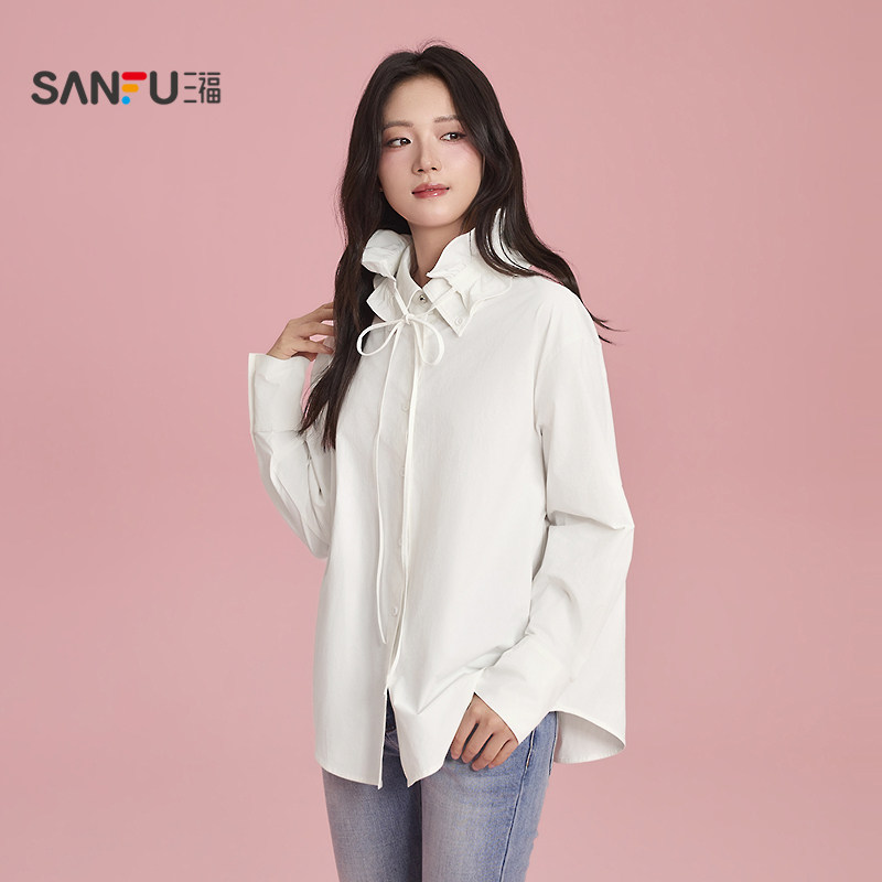 三福长衬衫2026春季波点领带可拆拉夫领宽松上衣女装517756,女装/女士精品,衬衫,淘宝优惠券,粉丝福利购,淘宝优惠卷
