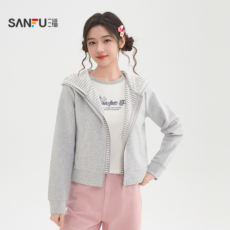 三福卫衣2026春季双层拉链开衫假两件连帽上衣女装517360
