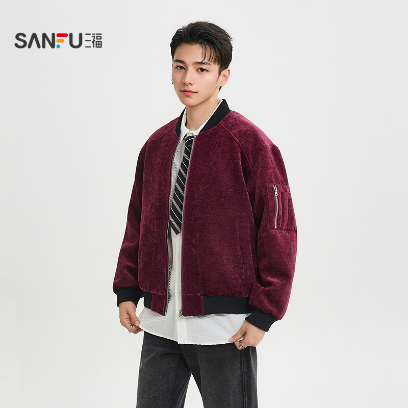 三福2026春季男士提花宽松连帽短棉衣 街潮棒球服棉服外套515937