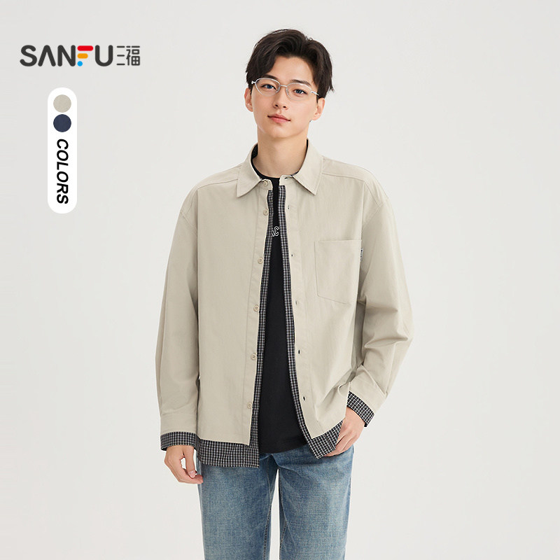 三福2026春季男士格纹拼接口袋织唛长衬衫 宽松翻领上衣518662,男装,衬衫,淘宝优惠券,粉丝福利购,淘宝优惠卷