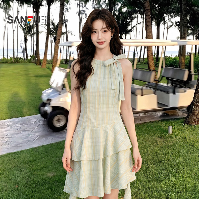 三福连衣裙2026夏季不规则下摆蝴蝶结绑带领口裙子女装526948