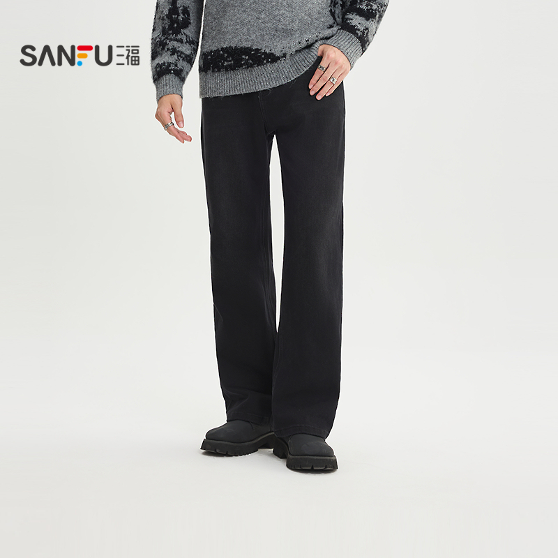 三福2025冬季男士植绒加厚喇叭裤牛仔裤 街潮直腰长裤513572