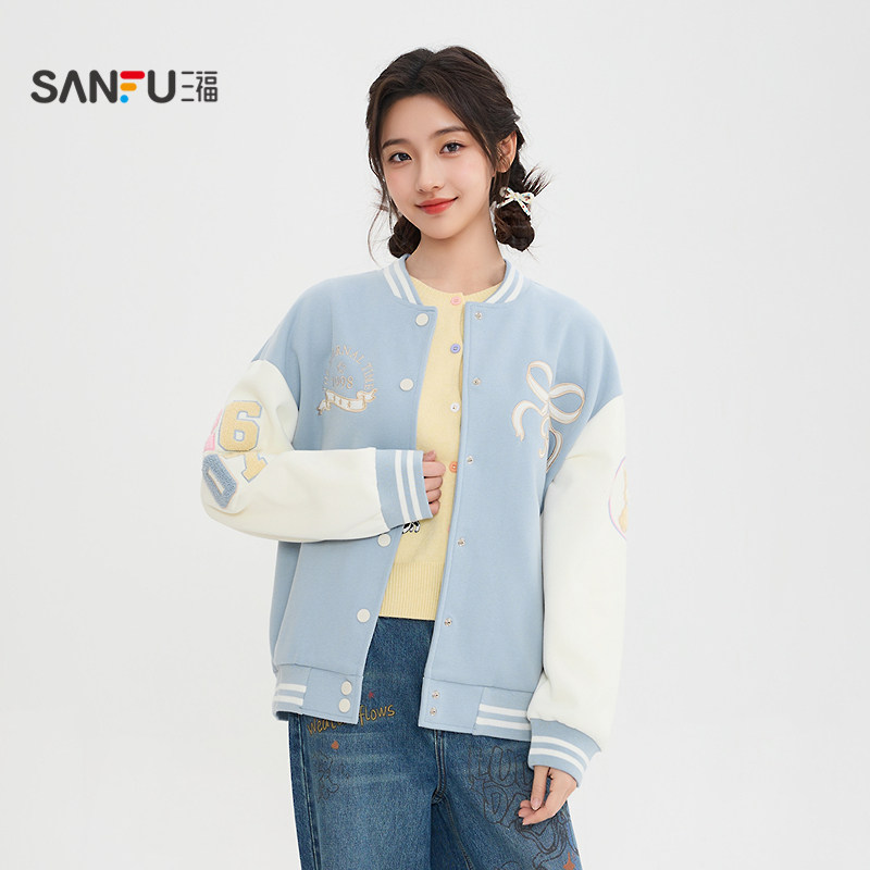 三福单外套2026春季蝴蝶结刺绣休闲罗纹棒球服上衣女装517142