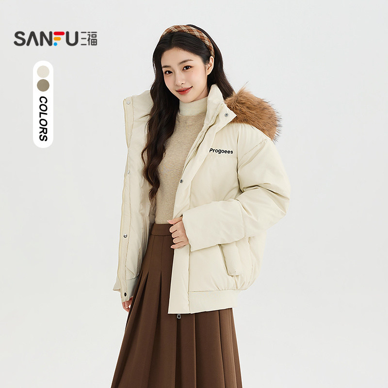 三福棉衣2026冬季胸前简约字母毛领保暖短装棉服女装530230