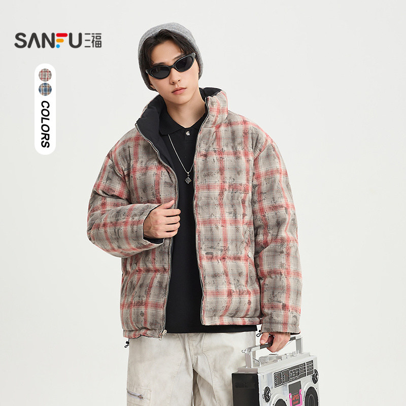 三福2025冬季男士晕染格子双面穿短棉衣 立领面包服外套514356