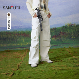 三福休闲裤2026春季侧边工装大口袋金属扣眼裤子女装520381