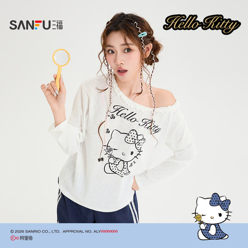三福长T恤2026夏季HelloKitty图案花边斜肩上衣女装525901