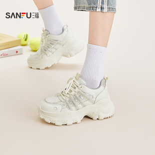 三福女运动鞋春季时髦运动闪钻厚底增高圆头老爹鞋女鞋854694