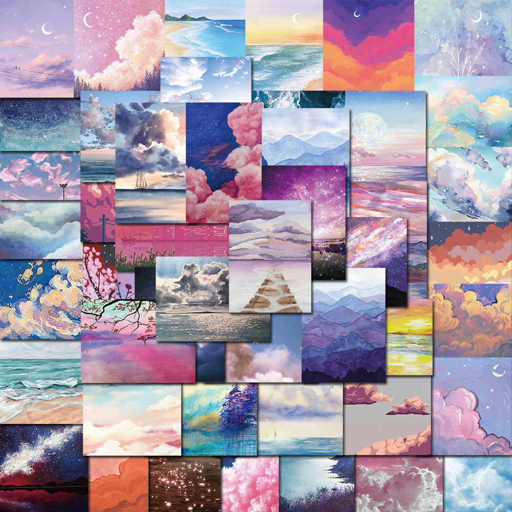 ins风景油画贴纸天空大海星空