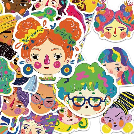 100张多彩抽象人物贴纸手绘风格多巴胺男孩女孩头像卡通ins风手账手机笔记本电脑平板ipad装饰防水贴画