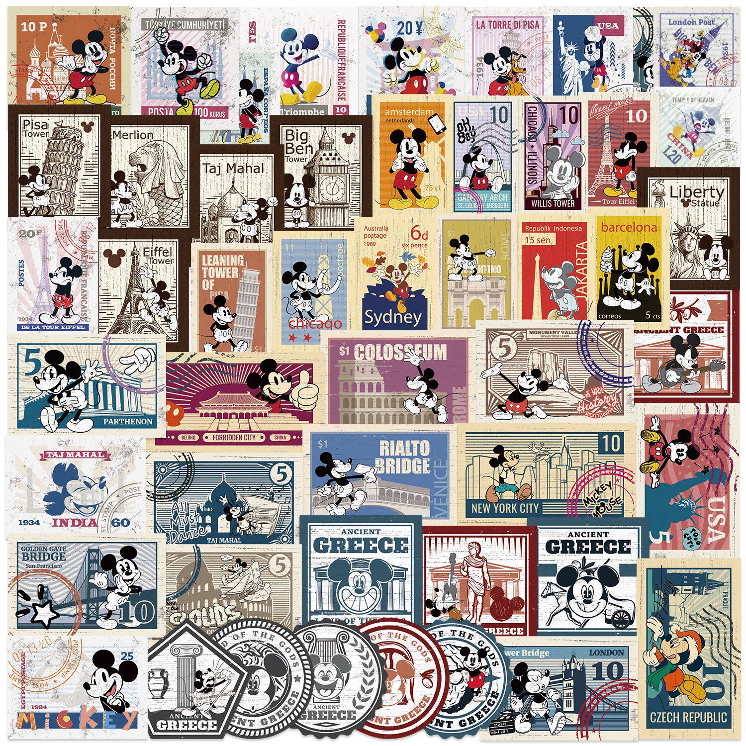 100张迪士尼正版授权复古米奇邮票米老鼠涂鸦贴纸儿童DIY手账素材手机壳笔记本电脑平板iPad装饰防水PVC贴