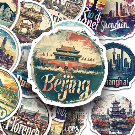 100张手绘城市地图贴纸旅游打卡地标建筑卡通复古风高颜值手账本diy手机壳笔记本电脑ipad平板水杯防水贴画