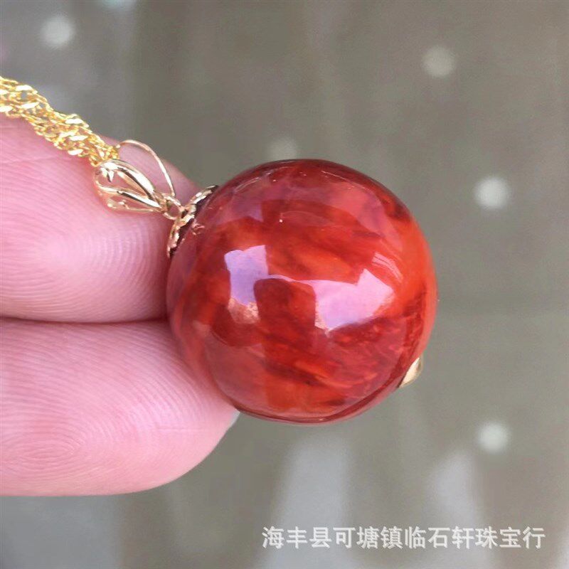 南红圆珠吊坠颜色漂亮18k金扣子镶嵌天然瓦西料南红玛Z瑙圆珠吊坠