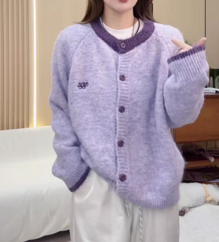 【小四专享】宽松软糯毛衣  领口撞色减龄开衫外套12-7