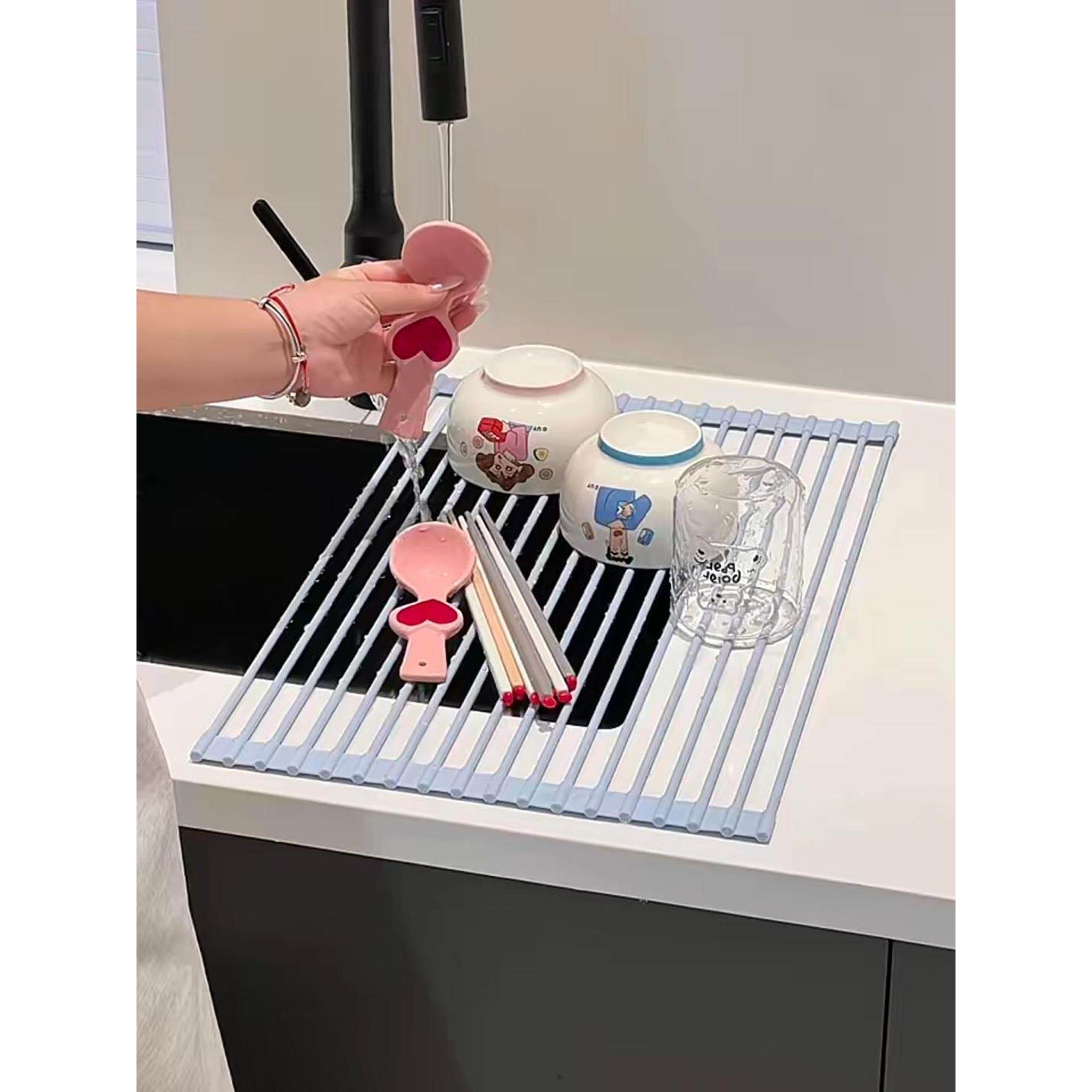 MOMO HOME硅胶沥水架厨房多功能置物架水槽卷帘碗筷架不锈钢折叠