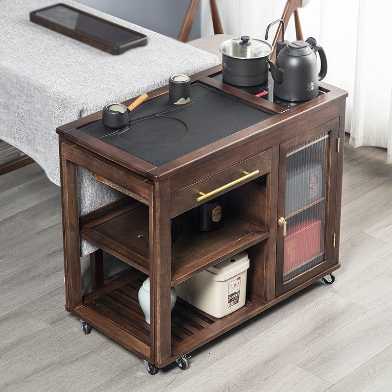 可伸缩胡桃木茶水柜实木边柜烧水柜一体茶车移动茶几边几小茶台桌