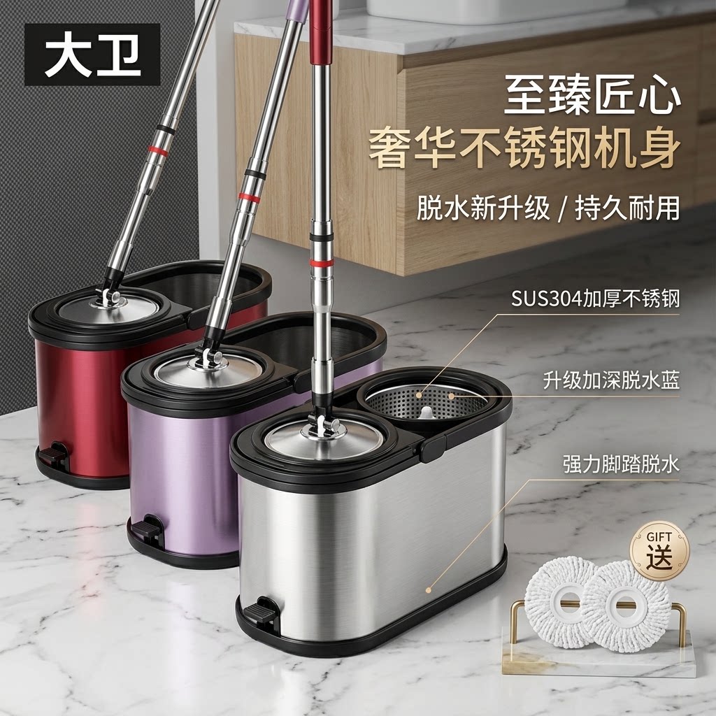 大卫不锈钢旋转免手洗拖把