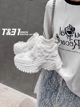 TT31女鞋2025春季新款时尚个性繁花网面厚底老爹鞋增高一路生花鞋