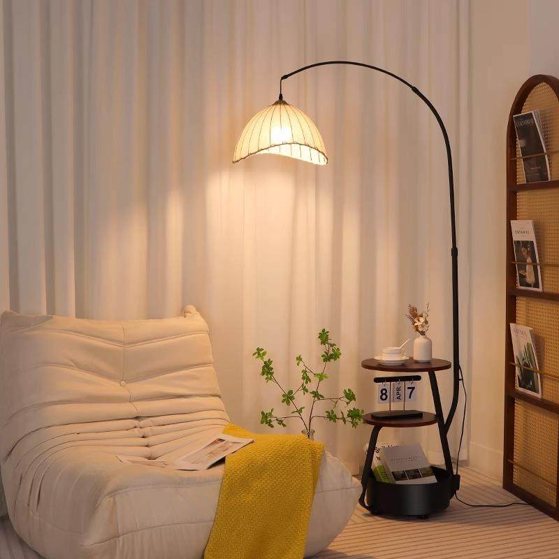 中古风落地灯客厅沙发旁茶几灯卧室床头柜置物一体无线充立式台灯