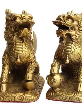 铜财富麒麟摆件公母开一对招w财镇过吉祥家宅光用踩八卦办公室客