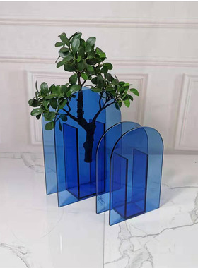 现代简约灰蓝茶色插花玻璃花瓶透明装饰花器家居客厅餐Z桌饰品摆