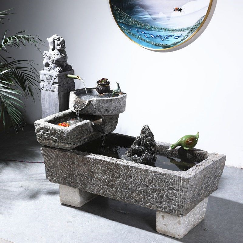 老旧石槽鱼缸鱼池l石头石缸养鱼户外庭院石磨青石马槽景观流水摆