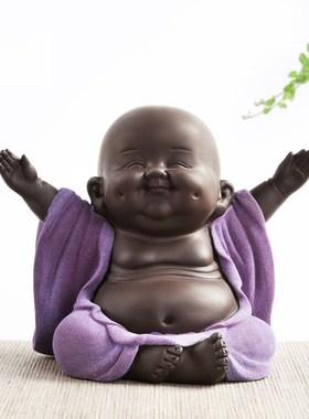 中式紫砂招d财笑小和尚桌面电视柜家居饰品摆件客厅陶瓷艺品摆设