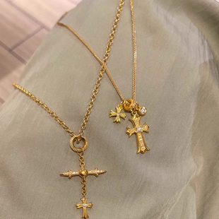 金色叠戴十字架项链双层十字镶钻闪耀不撞款女轻奢复古风日常叠戴