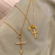 金色叠戴十字架项链双层十字镶钻闪耀不撞款 女轻奢复古风日常叠戴