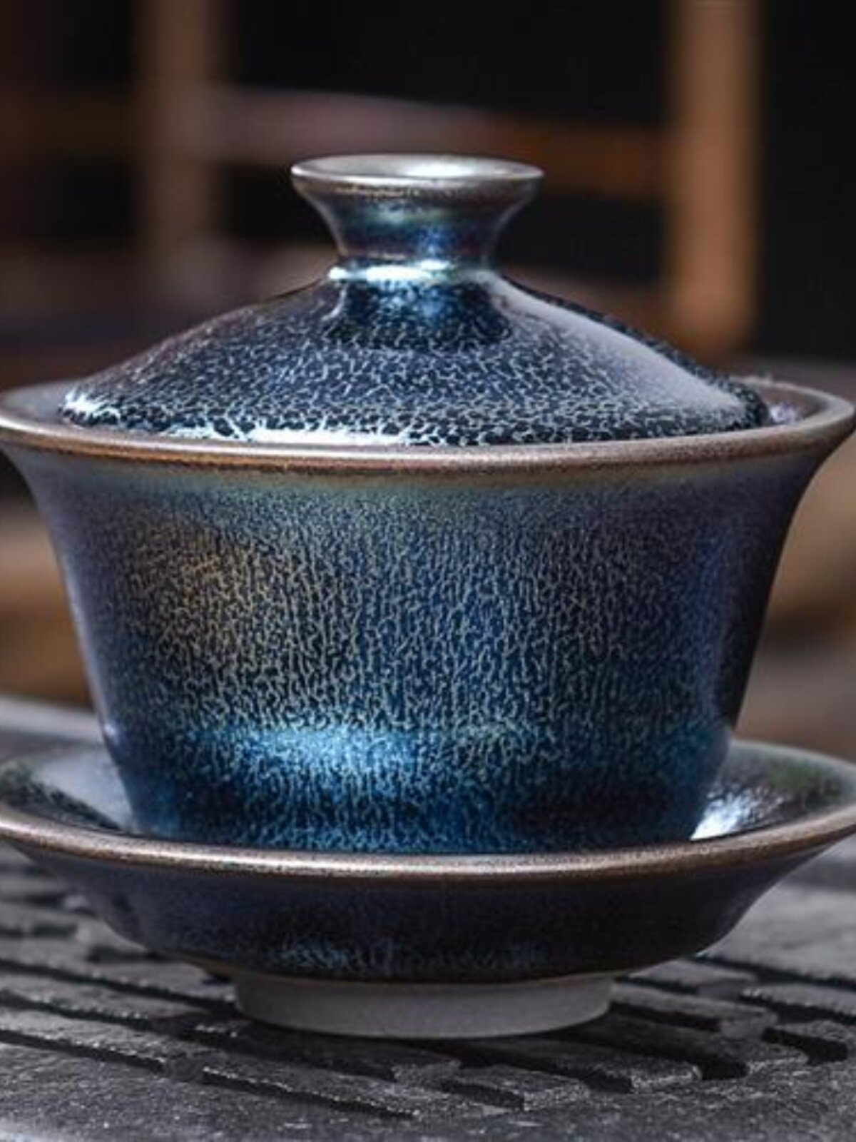 茶具一号 建盏盖碗搬迁家用建盏敬茶碗沏茶器手工送礼铁胎蓝麒麟