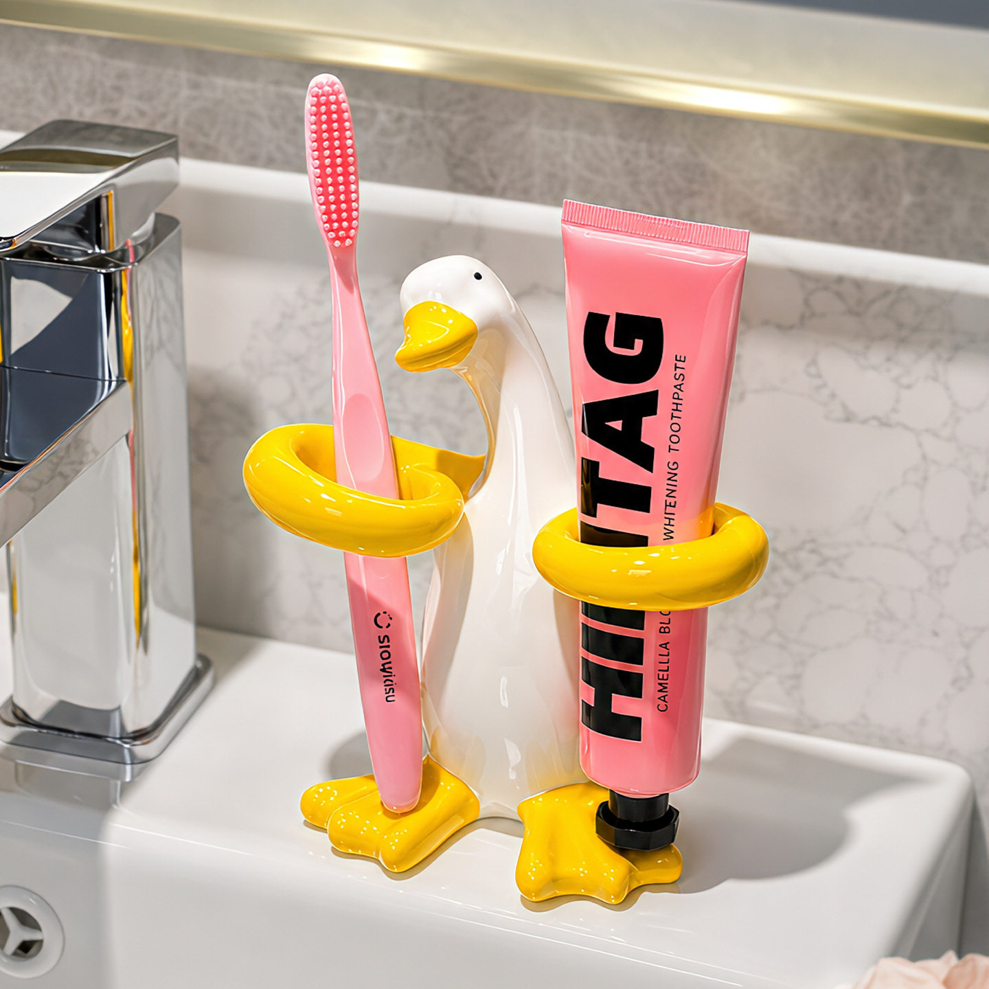 创意鸭子陶瓷牙刷架免打