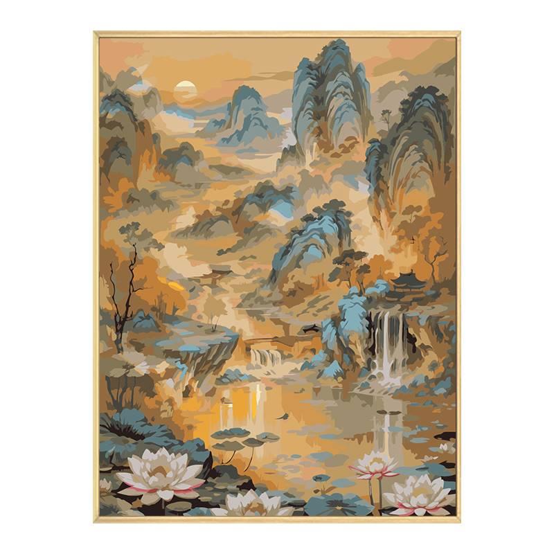 中国风山水数字油画diy填充填色手工绘江山图风景油彩画装饰挂画图片