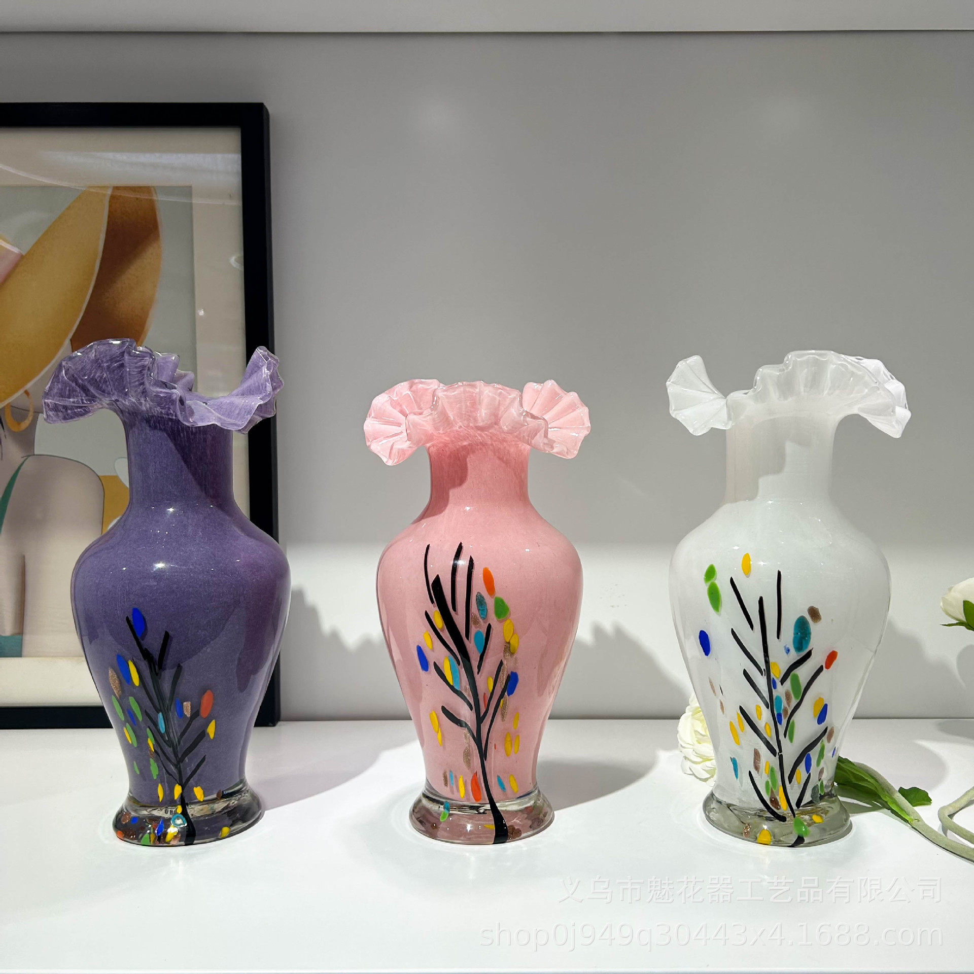 中古风手绘手工玻璃花瓶家居样板间客厅软装高级感艺术插花器装饰