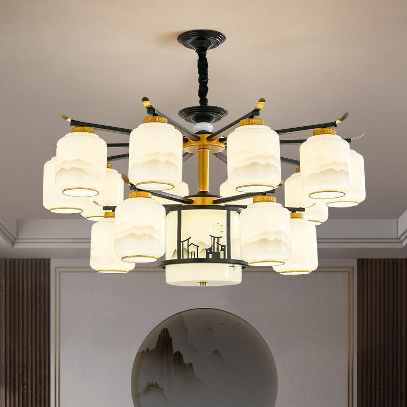 新中式吊灯轻奢大气客厅灯中国风餐厅卧室别墅复式楼灯罩朝下灯具