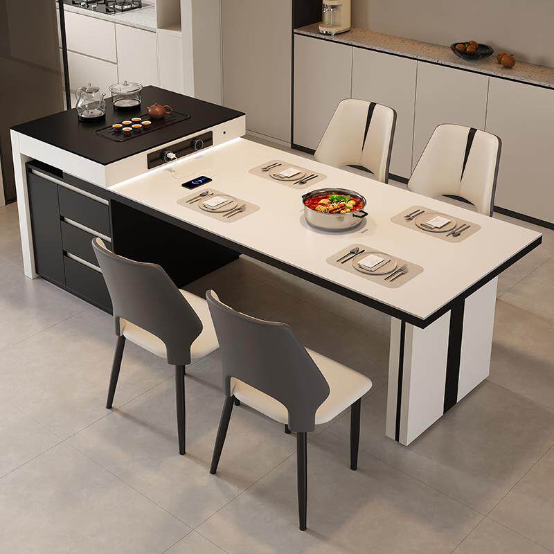 实木伸缩岛台岩板茶桌餐桌一体餐桌椅轻奢组合简约家用现代小户型