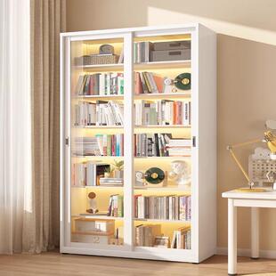 钢制书柜移门推拉玻璃门防尘铁艺收纳展示储物柜带锁落地儿童书架